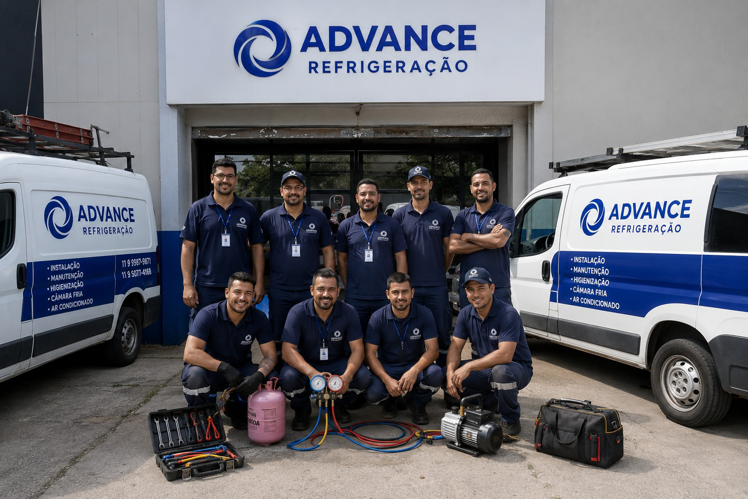 Equipe Advance Refrigeração em frente à sede com vans e equipamentos